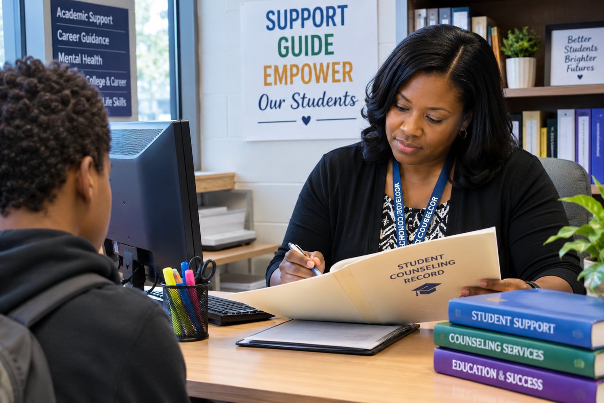 School counselor reviewing a student counseling record during a one-on-one session